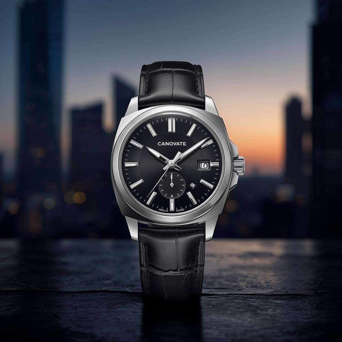 my brand name canovate i want men watch image for my brand name add attractive background