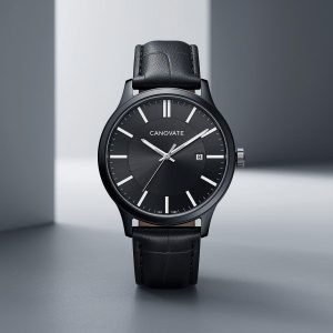 canovate 'stealth' men's analog watch black dial & black leather strap with date