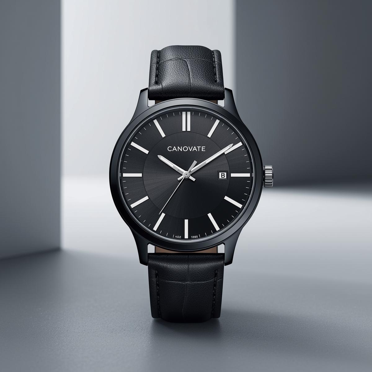 canovate 'stealth' men's analog watch black dial & black leather strap with date