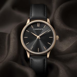 canovate aurora rose gold & black leather women's watch